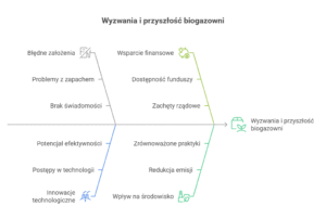 Wykres rybiej ości przedstawiający wyzwania i przyszłość biogazowni. Po prawej stronie znajduje się główne zagadnienie: "Wyzwania i przyszłość biogazowni" (symbol biogazowni). 