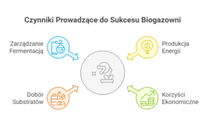 Diagram przedstawiający cztery kluczowe czynniki prowadzące do sukcesu biogazowni, które otaczają centralny symbol rośliny wyrastającej ze zbiornika. 