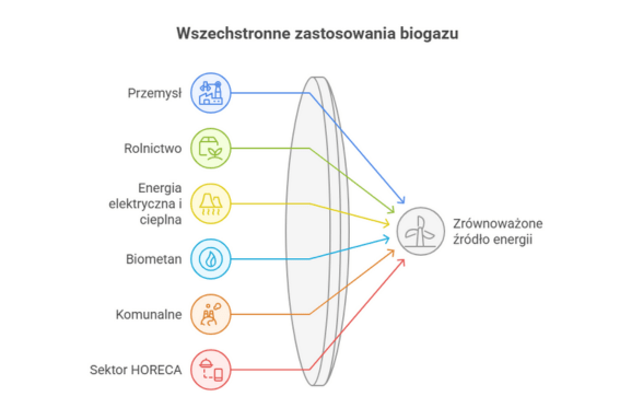 Schemat przedstawiający wszechstronne zastosowania biogazu jako zrównoważonego źródła energii.