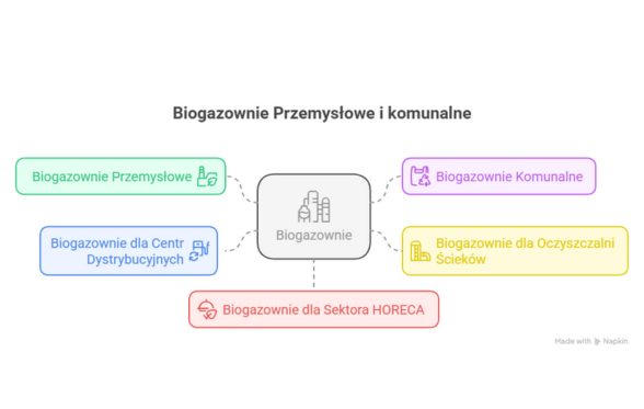 Schemat biogazowni przemysłowych i komunalnych – biogazownie dla przemysłu, centrów dystrybucyjnych, oczyszczalni ścieków, sektora HORECA i zastosowań komunalnych
