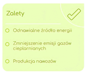 Zalety - grafika przedstawiająca zalety biogazowni.
